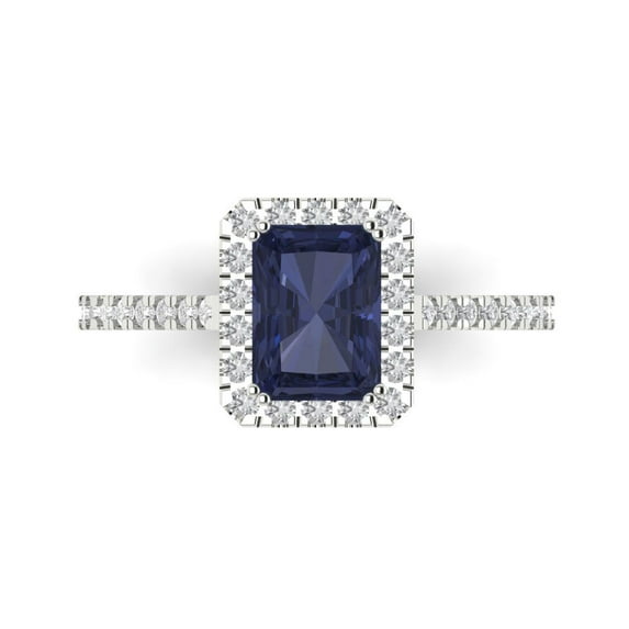 1.86 ctw with Simulated Diamond Halo Accents Anniversary Ring for Women | Emerald Cut Simulated Blue Sapphire | Hyperallergenic Solid 18K White Gold