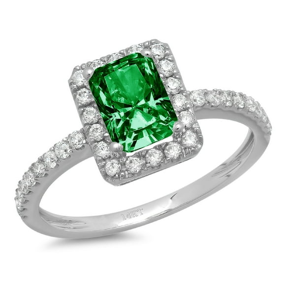 1.86 ct Emerald Cut Simulated Emerald with Simulated Diamond Halo Accents 14K White Gold Womens Engagement Ring