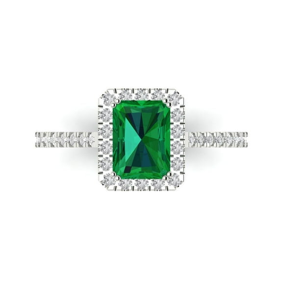 1.86 ctw with Simulated Diamond Halo Accents Anniversary Ring for Women | Emerald Cut Simulated Emerald | Hyperallergenic Solid 14K White Gold