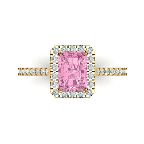 1.86 ct Emerald Cut Simulated Pink Diamond Solitaire with Accents Engagement Ring for Women in 18K Yellow Gold