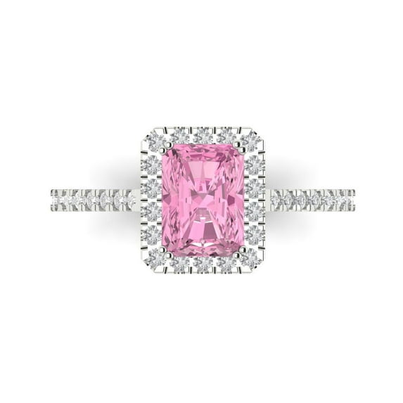 1.86 ctw with Simulated Diamond Halo Accents Anniversary Ring for Women | Emerald Cut Simulated Pink Diamond | Hyperallergenic Solid 18K White Gold