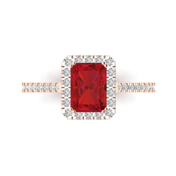 1.86 ct Emerald Cut Simulated Ruby Solitaire with Accents Engagement Ring for Women in 18K Rose Gold