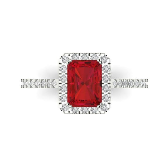 1.86 ctw with Simulated Diamond Halo Accents Anniversary Ring for Women | Emerald Cut Simulated Ruby | Hyperallergenic Solid 18K White Gold