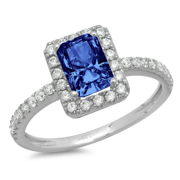 1.86 ct Emerald Cut Simulated Tanzanite with Simulated Diamond Halo Accents 14K White Gold Womens Engagement Ring