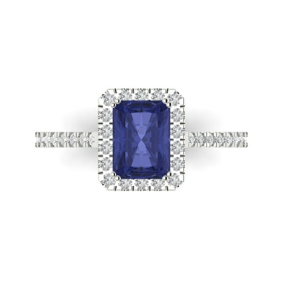 1.86 ct Emerald Cut Simulated Tanzanite with Simulated Diamond Halo Accents 18K White Gold Womens Engagement Ring