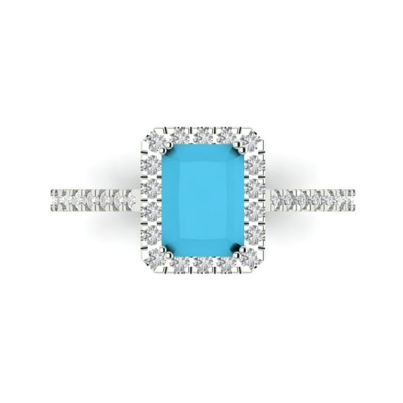 1.86 ctw with Simulated Diamond Halo Accents Anniversary Ring for Women | Emerald Cut Simulated Turquoise | Hyperallergenic Solid 14K White Gold