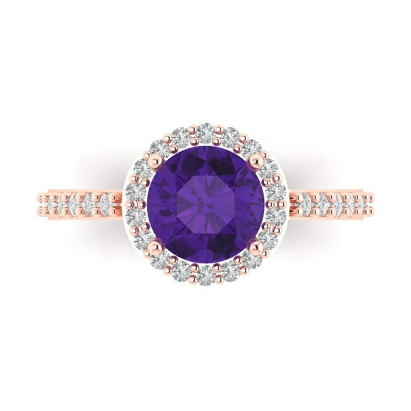 1.86 ct Round Cut Natural Amethyst Halo Engagement Ring for Women in 14K Rose Gold