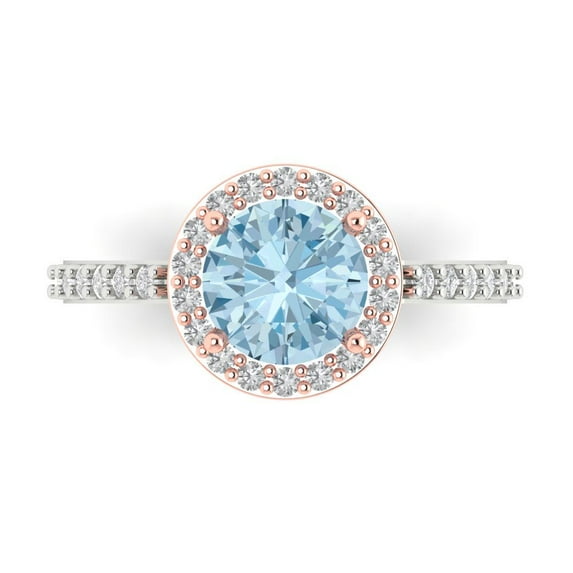 1.86 ct Round Cut Natural Aquamarine Solitaire with Simulated Diamond Accents 18K White/Rose Gold Womens Engagement Ring