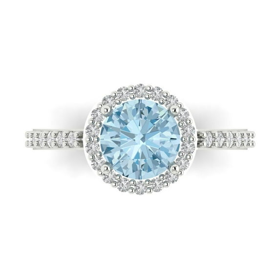 1.86 ct Round Cut Natural Aquamarine with Simulated Diamond Halo Accents 18K White Gold Womens Engagement Ring