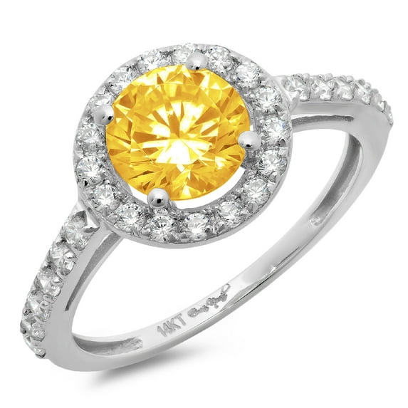 1.86 ct Round Cut Natural Citrine with Simulated Diamond Halo Accents 18K White Gold Womens Engagement Ring