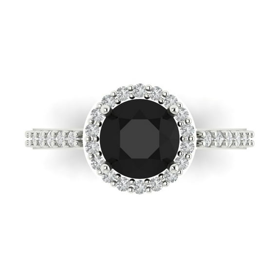 1.86 ctw with Simulated Diamond Halo Accents Anniversary Ring for Women | Round Cut Natural Onyx | Hyperallergenic Solid 14K White Gold
