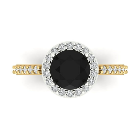 1.86 ctw with Simulated Diamond Halo Accents Anniversary Ring for Women | Round Cut Natural Onyx | Hyperallergenic Solid 18K White/Yellow Gold