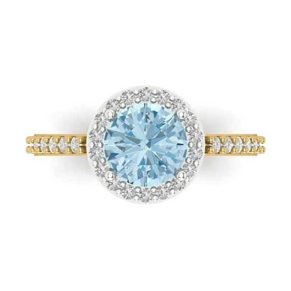 1.86 ct Round Cut Natural Swiss Blue Topaz with Simulated Diamond Halo Accents 14K White/Yellow Gold Womens Engagement Ring