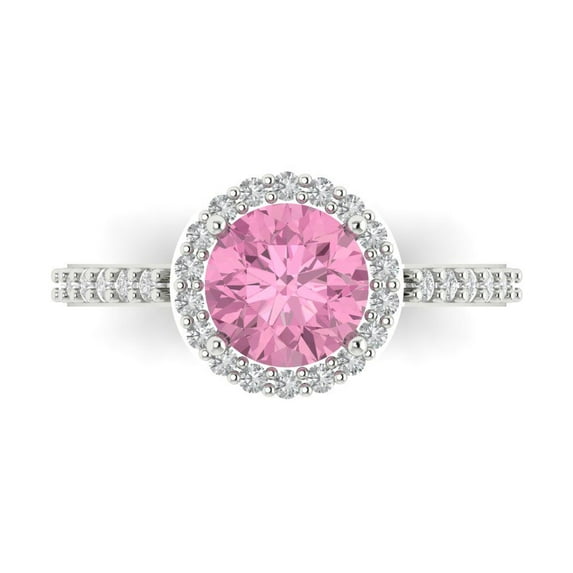 1.86 ctw with Simulated Diamond Halo Accents Anniversary Ring for Women | Round Cut Simulated Pink Diamond | Hyperallergenic Solid 18K White Gold