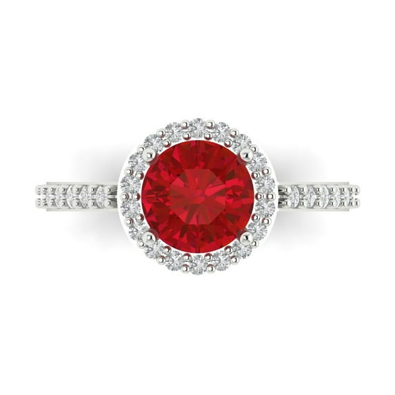 1.86 ctw with Simulated Diamond Halo Accents Anniversary Ring for Women | Round Cut Simulated Ruby | Hyperallergenic Solid 18K White Gold