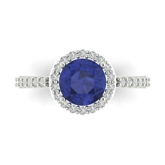 1.86 ctw with Simulated Diamond Halo Accents Anniversary Ring for Women | Round Cut Simulated Tanzanite | Hyperallergenic Solid 18K White Gold