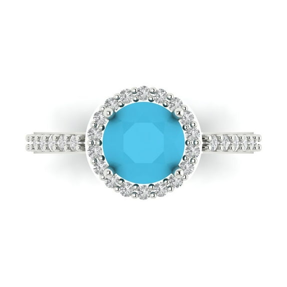 1.86 ct Round Cut Simulated Turquoise Halo Engagement Ring for Women in 18K White Gold