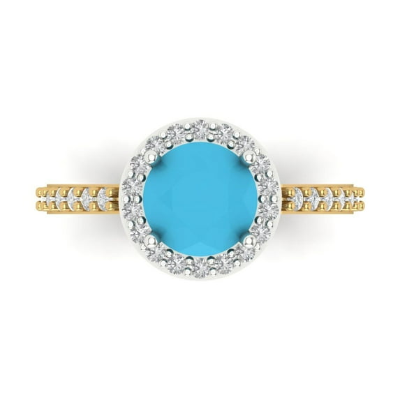 1.86 ct Round Cut Simulated Turquoise with Simulated Diamond Halo Accents 18K White/Yellow Gold Womens Engagement Ring