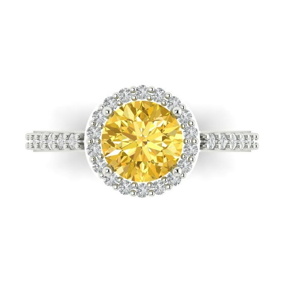1.86 ct Round Cut Simulated Yellow Diamond Halo Engagement Ring for Women in 18K White Gold