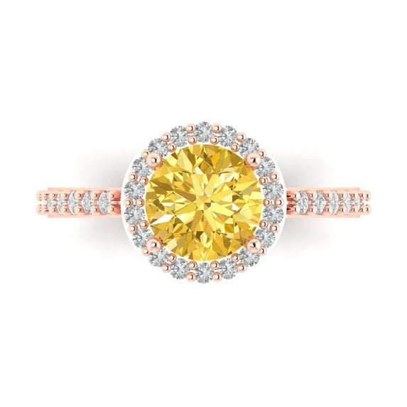 1.86 ct Round Cut Simulated Yellow Diamond with Simulated Diamond Halo Accents 18K Rose Gold Womens Engagement Ring