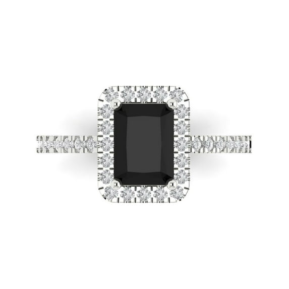 1.86ct Emerald Cut Black Natural Onyx 18k White Gold Engraving Statement Bridal Wedding Halo Designer Ring Size 5.5