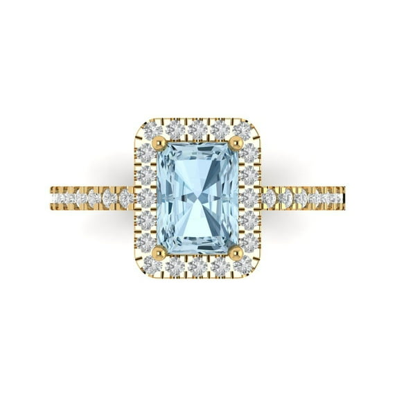 1.86ct Emerald Cut Blue Crystal 18k Yellow Gold Engraving Statement Bridal Wedding Halo Designer Ring Size 8