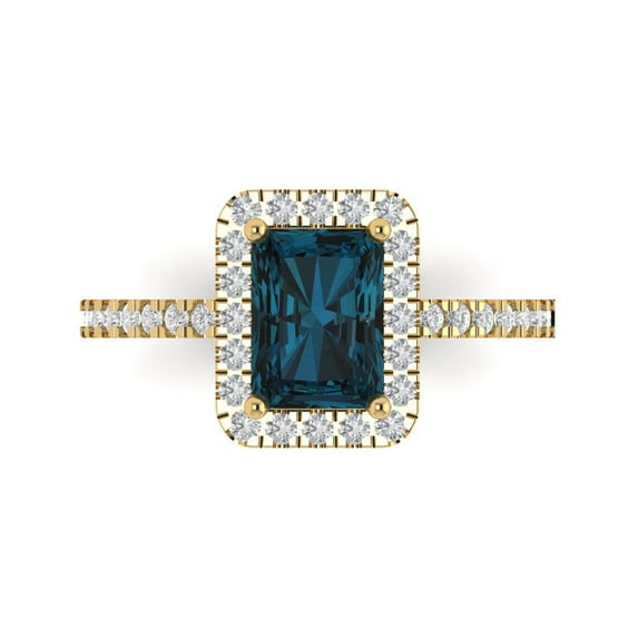1.86ct Emerald Cut Blue Natural London Blue Topaz 18k Yellow Gold Engraving Statement Bridal Wedding Halo Designer Ring Size 6.5