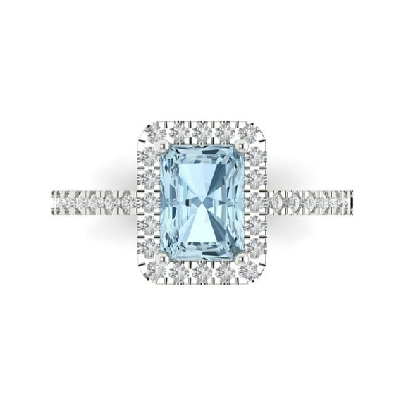 1.86ct Emerald Cut Blue Natural Swiss Blue Topaz 18k White Gold Engraving Statement Bridal Wedding Halo Designer Ring Size 11