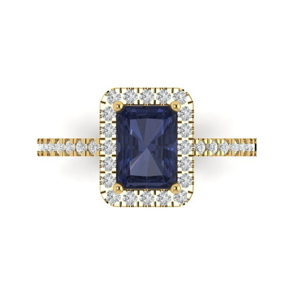 1.86ct Emerald Cut Blue Sapphire 14k Yellow Gold Engraving Statement Bridal Wedding Halo Designer Ring Size 7.5
