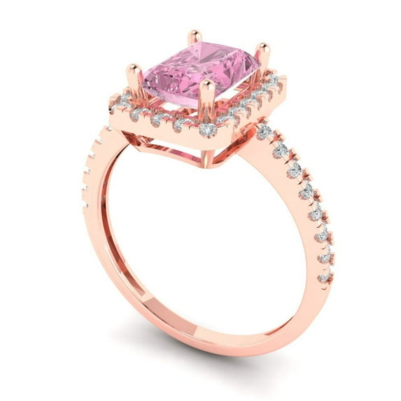 1.86ct Emerald Cut Blue Crystal 18k Pink Rose Gold Engraving Statement Bridal Wedding Halo Designer Ring Size 10.25