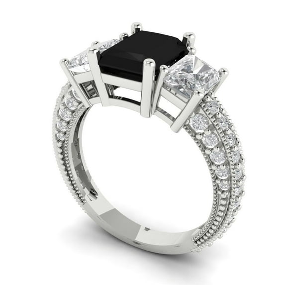 1.86ct Emerald Cut Blue Crystal 18k White Gold Engraving Statement Bridal Wedding Halo Designer Ring Size 9.75