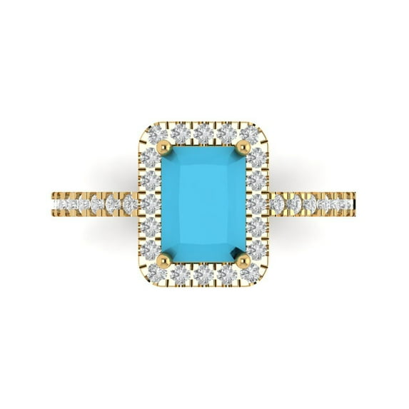 1.86ct Emerald Cut Blue Turquoise 18k Yellow Gold Engraving Statement Bridal Wedding Halo Designer Ring Size 6