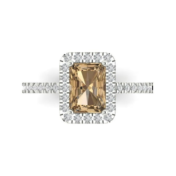 1.86ct Emerald Cut Brown Champagne Crystal 18k White Gold Engraving Statement Bridal Wedding Halo Designer Ring Size 10.5
