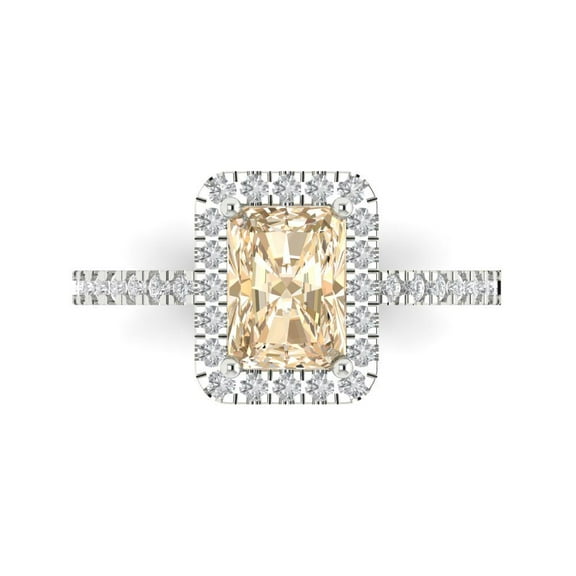 1.86ct Emerald Cut Brown Natural Morganite 14k White Gold Engraving Statement Bridal Wedding Halo Designer Ring Size 7.5