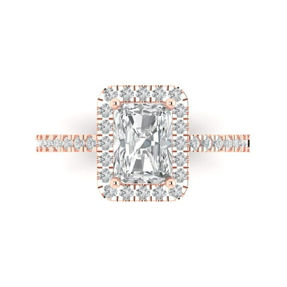 1.86ct Emerald Cut Clear Moissanite 18k Pink Rose Gold Engraving Statement Bridal Wedding Halo Designer Ring Size 10.5