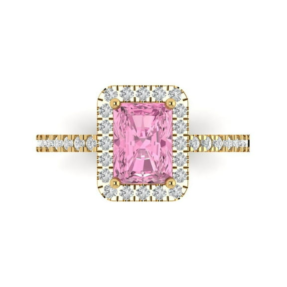 1.86ct Emerald Cut Pink Crystal 14k Yellow Gold Engraving Statement Bridal Wedding Halo Designer Ring Size 7.5