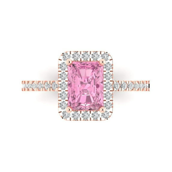 1.86ct Emerald Cut Pink Crystal 18k Pink Rose Gold Engraving Statement Bridal Wedding Halo Designer Ring Size 8