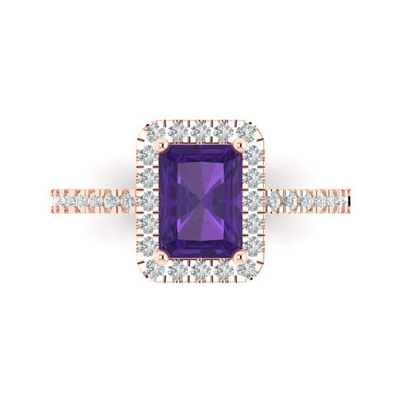1.86ct Emerald Cut Purple Natural Amethyst 18k Pink Rose Gold Engraving Statement Bridal Wedding Halo Designer Ring Size 4.5