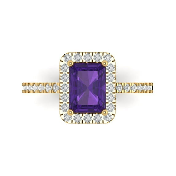1.86ct Emerald Cut Purple Natural Amethyst 18k Yellow Gold Engraving Statement Bridal Wedding Halo Designer Ring Size 10.5