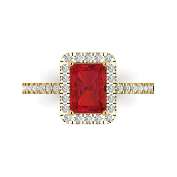 1.86ct Emerald Cut Red Ruby 18k Yellow Gold Engraving Statement Bridal Wedding Halo Designer Ring Size 4.5
