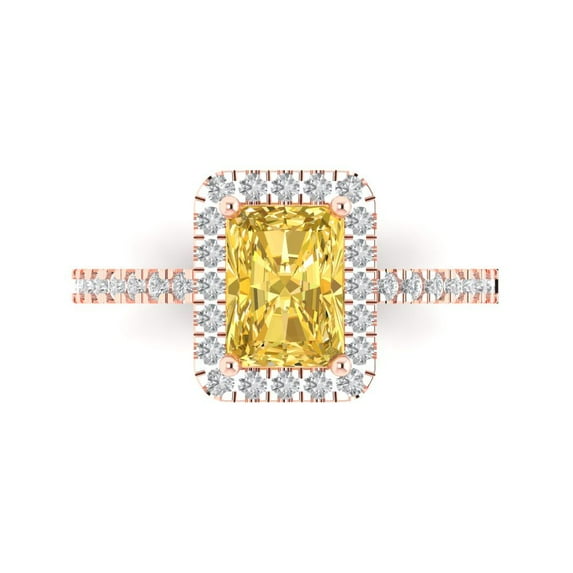 1.86ct Emerald Cut Yellow Crystal 18k Pink Rose Gold Engraving Statement Bridal Wedding Halo Designer Ring Size 9