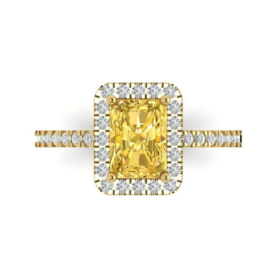 1.86ct Emerald Cut Yellow Crystal 18k Yellow Gold Engraving Statement Bridal Wedding Halo Designer Ring Size 11