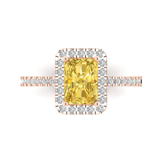 1.86ct Emerald Cut Yellow Natural Citrine 18k Pink Rose Gold Engraving Statement Bridal Wedding Halo Designer Ring Size 10.5