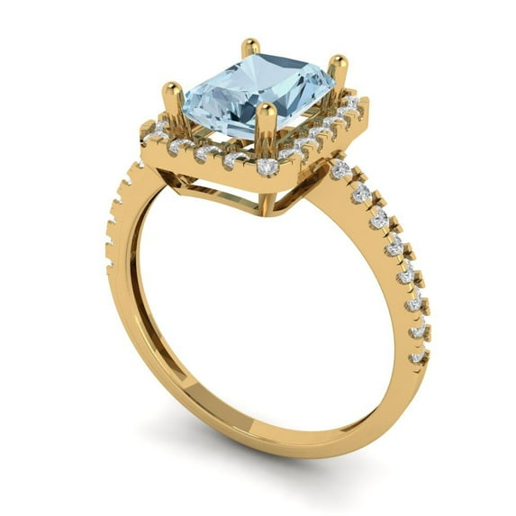 1.86ct emerald cut blue Zircon 18k yellow gold halo Bridal Wedding Engagement Promise Anniversary Ring for Women size 9