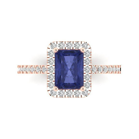 Clara Pucci 14K Rose Gold Solid Gold Tanzanite Halo Anniversary Ring for Women - 1.86 cttw Emerald Cut