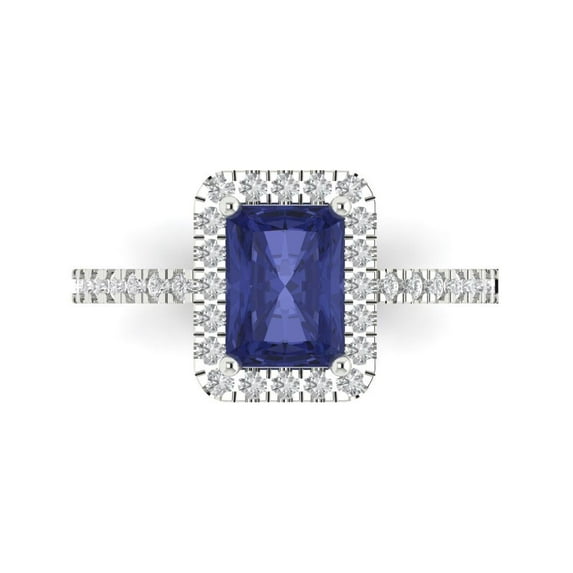 Clara Pucci 14K White Gold Solid Gold Tanzanite Halo Anniversary Ring for Women - 1.86 cttw Emerald Cut
