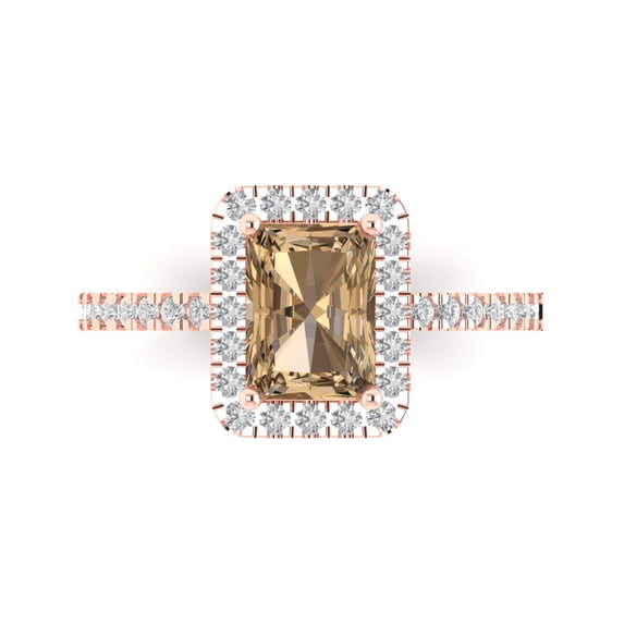 Clara Pucci 14K Rose Gold Solid Gold Champagne Halo Anniversary Ring for Women - 1.86 cttw Emerald Cut