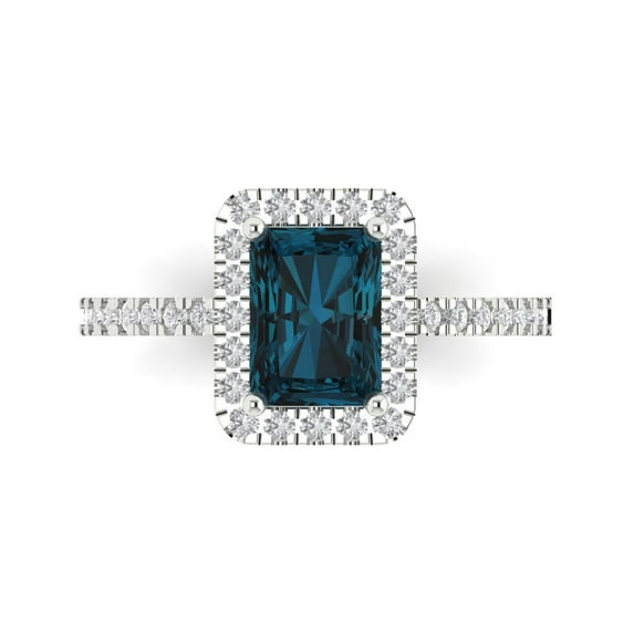 Clara Pucci 14K White Gold Solid Gold LondonBlueTopaz Halo Anniversary Ring for Women - 1.86 cttw Emerald Cut