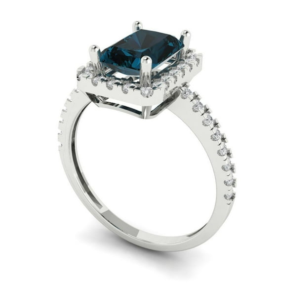 1.86ct emerald cut natural london blue topaz 18k white gold halo Bridal Wedding Engagement Promise Anniversary Ring for Women size 9.75