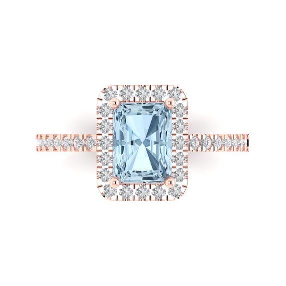 Clara Pucci 14K Rose Gold Solid Gold SwissBlueTopaz Halo Anniversary Ring for Women - 1.86 cttw Emerald Cut